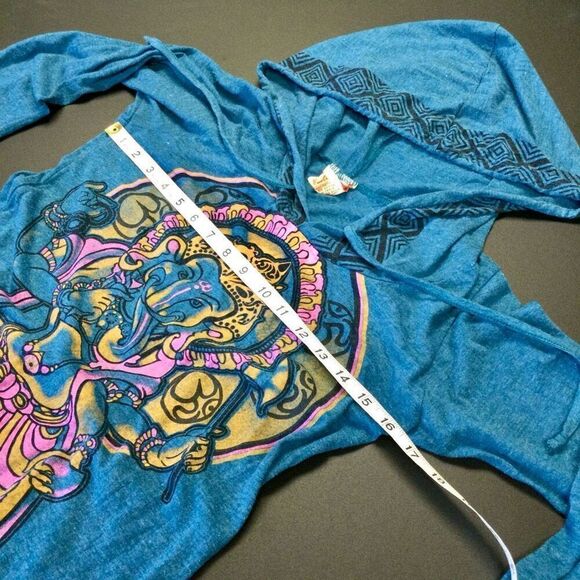 Vintage Gypsy Rose Womens Teal Blue Ganesh Print Long‎ Sleeve Hoodie Dress Small - Picture 7 of 12